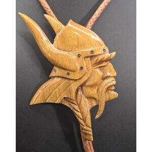 Viking Hand Carved Pendant Minnesota Viking Bolo Tie Leather Brass Signed OZ